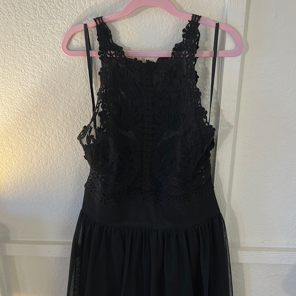 BEBE Sheer black lace formal dress